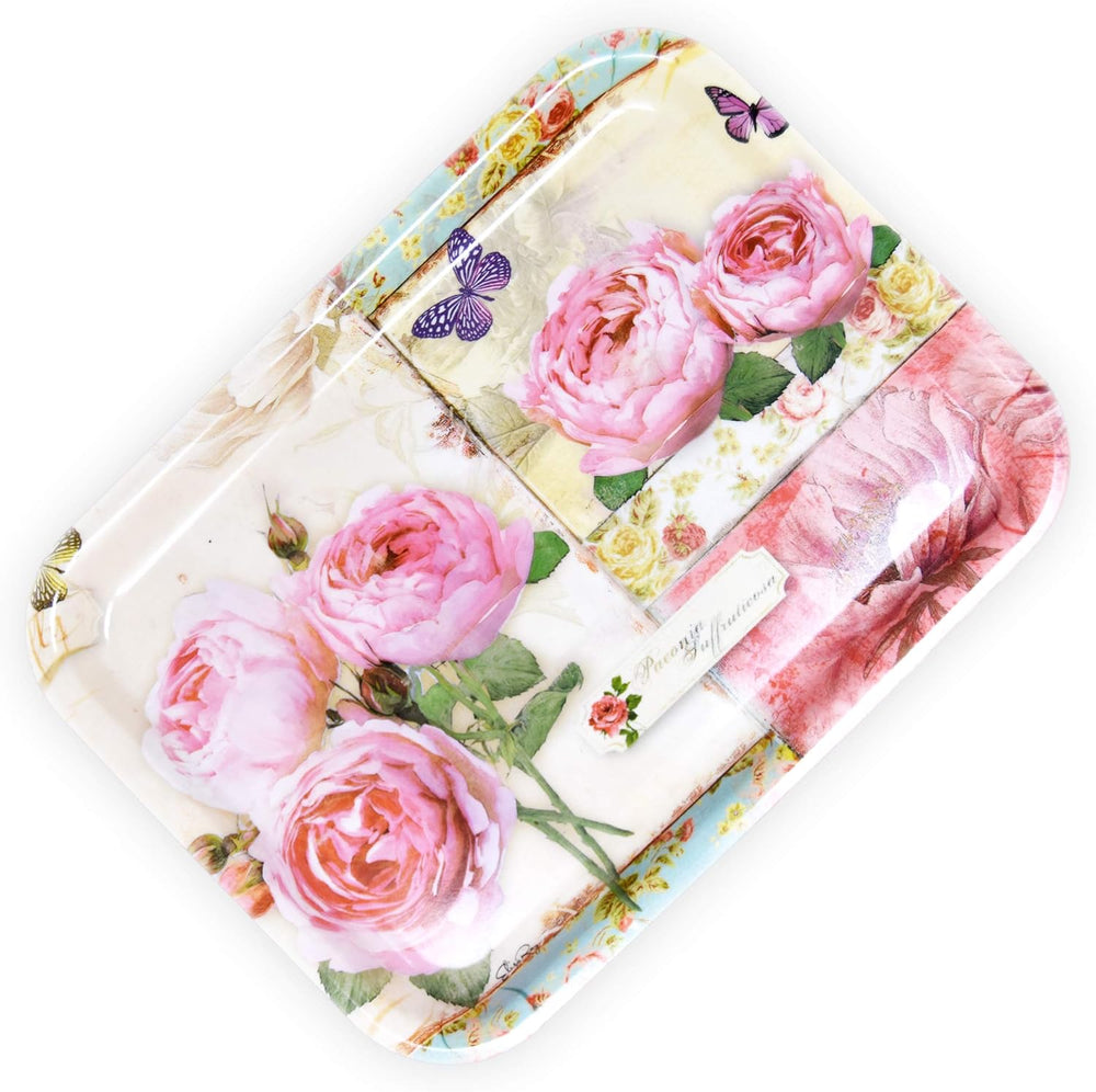 Kleines Getränketablett aus Melamin, Hochwertiges Desserttablett 31x23 cm, Tablett Muster: England Rosen