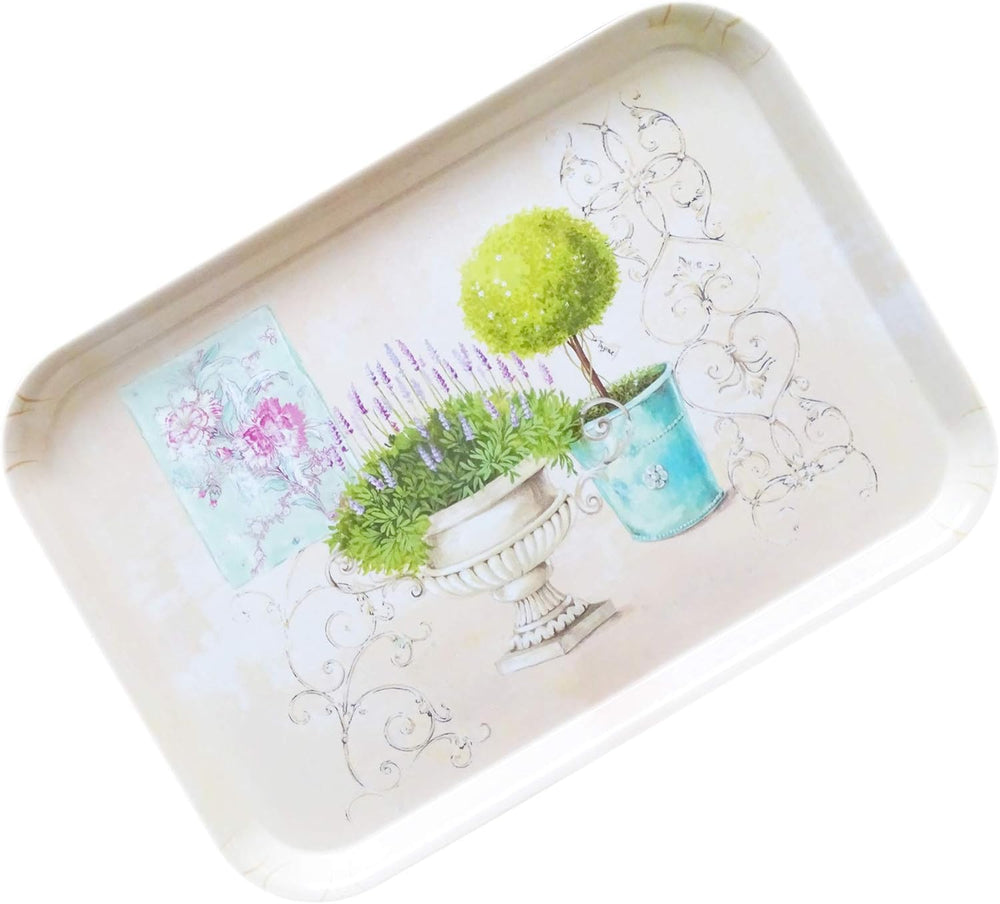 Mittel großes Serviertablett 38x26 cm, Küchentablett aus Melamin, Eckiges Kaffeetablett, Druck: Garten