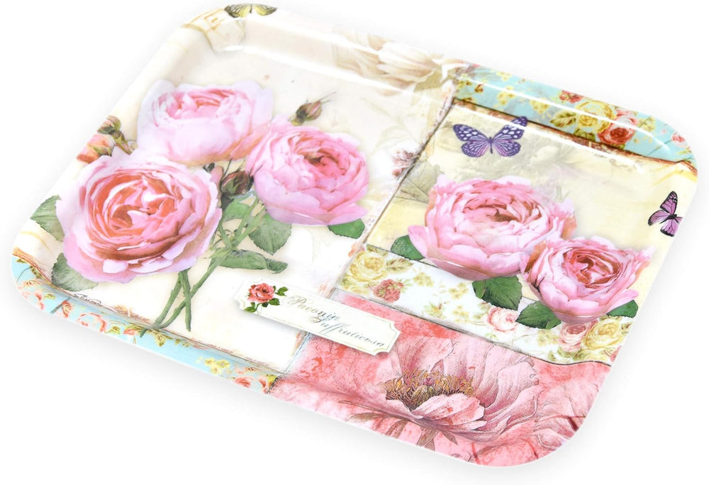 Kleines Getränketablett aus Melamin, Hochwertiges Desserttablett 31x23 cm, Tablett Muster: England Rosen