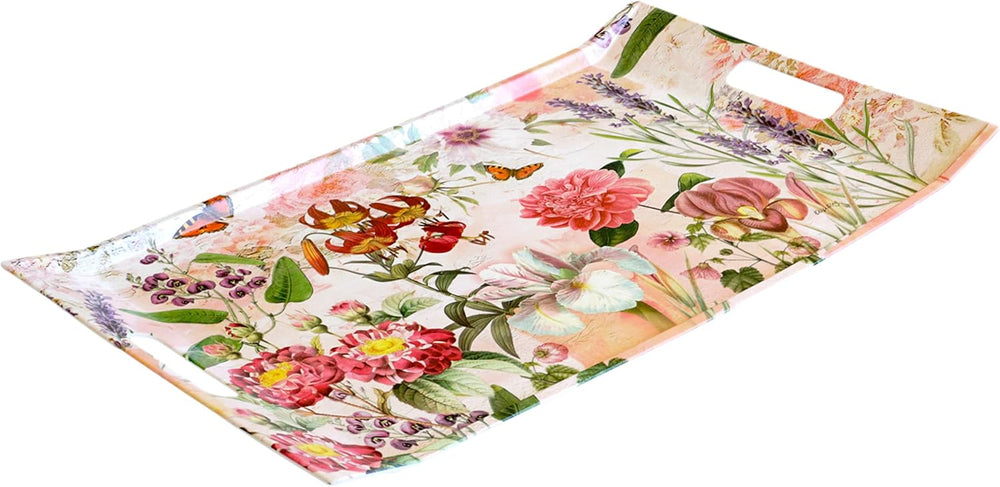 Getränketablett beige rot Druck: Wildblumen, Kaffeetablett mit Griffen, Größe: 54x35 cm
