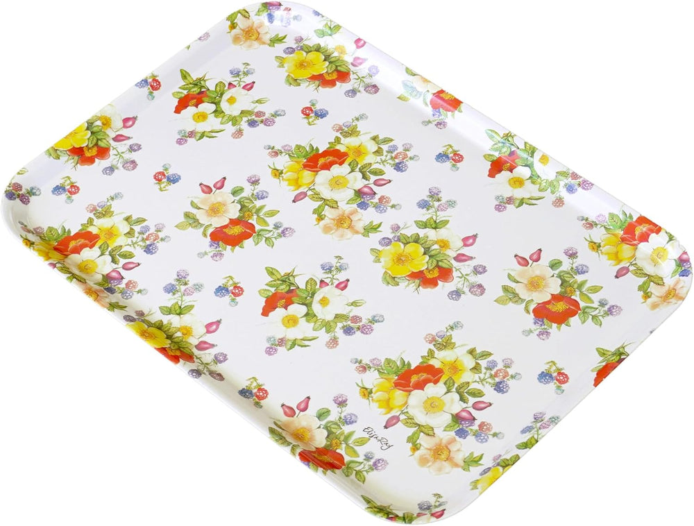 Serviertablett bunt mit Wildrosen Druck, Küchentablett für Kaffee, Frühstück und Garten 45x31 cm