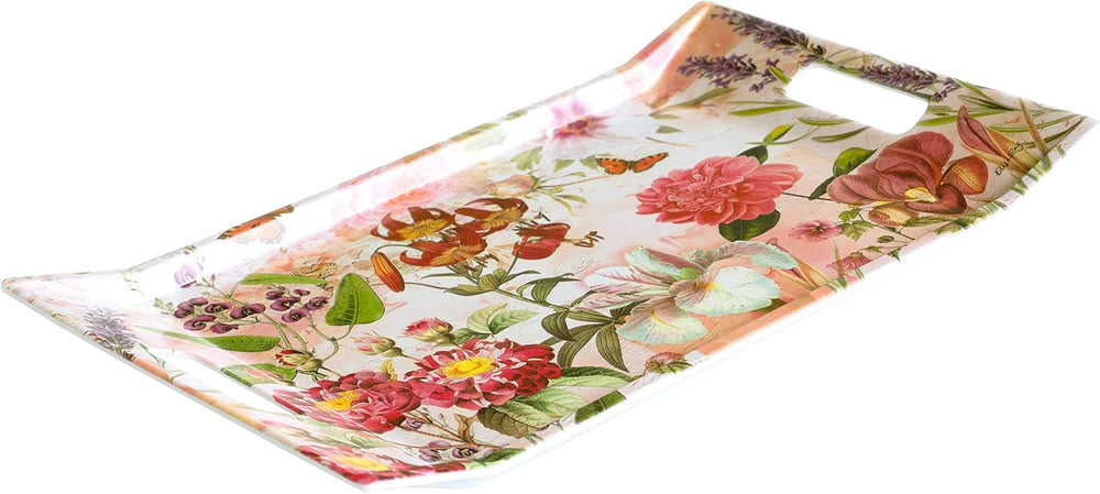 Serviertablett Melamin mit Griffen, Dekotablett groß 38x27 cm, Tablett beige - rot Motiv: Wildblumen
