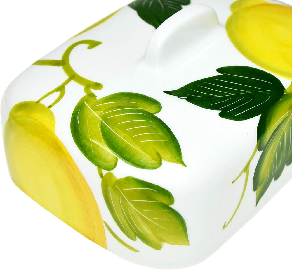 Handgemachte Butterdose aus Italienischer Keramik im Zitronendesign, Butterschale Größe 18x14 cm