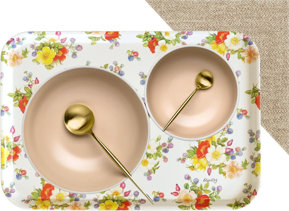 Serviertablett bunt mit Wildrosen Druck, Küchentablett für Kaffee, Frühstück und Garten 45x31 cm