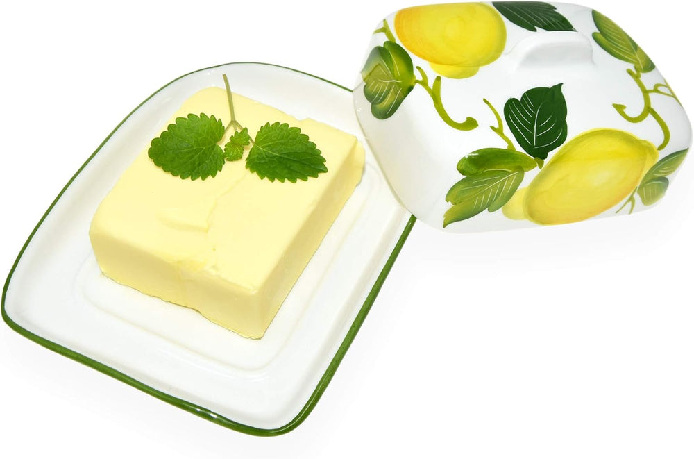Handgemachte Butterdose aus Italienischer Keramik im Zitronendesign, Butterschale Größe 18x14 cm