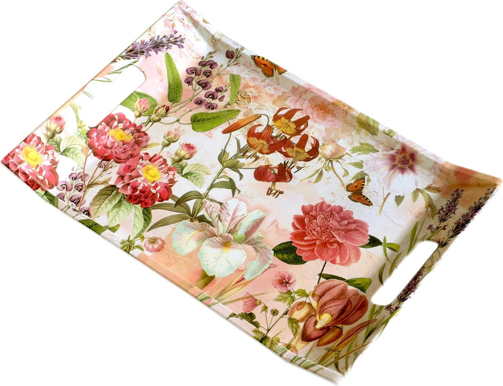 Serviertablett Melamin mit Griffen, Dekotablett groß 38x27 cm, Tablett beige - rot Motiv: Wildblumen