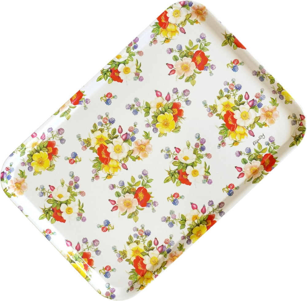 Serviertablett bunt mit Wildrosen Druck, Küchentablett für Kaffee, Frühstück und Garten 45x31 cm