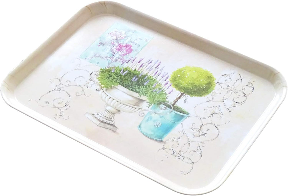 Mittel großes Serviertablett 38x26 cm, Küchentablett aus Melamin, Eckiges Kaffeetablett, Druck: Garten