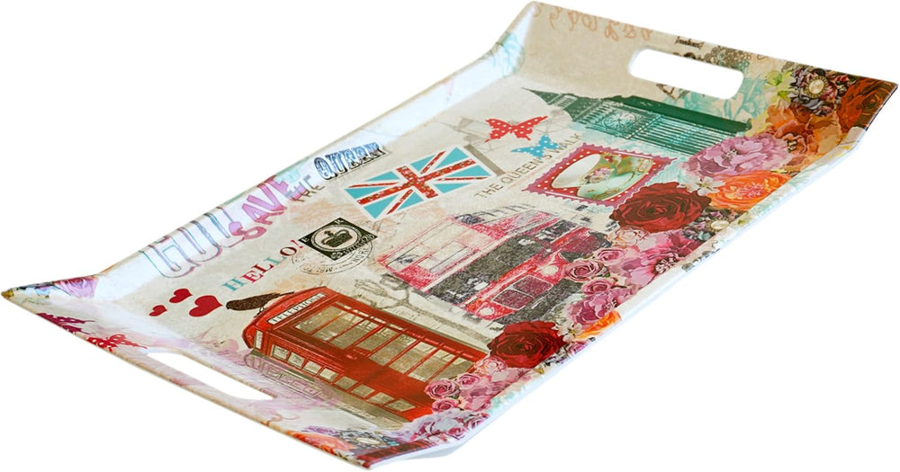 rechteckiges Serviertablett Melamin, Buntes Kunststofftablett groß 47x31 cm, Motiv: London