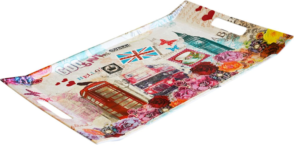 Rechteckiges Gläsertablett, XXL Dessert Tablett 54x35 cm, Buntes Tablett Motiv: London