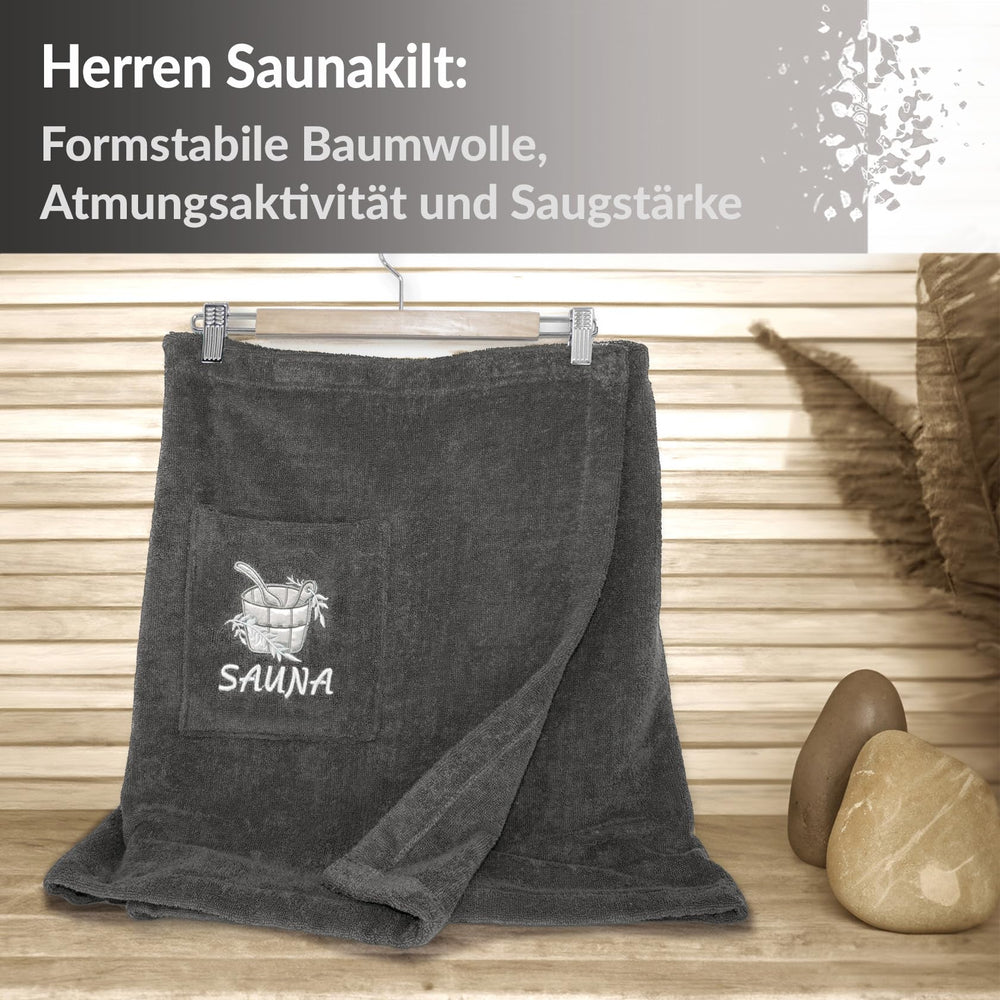 Saunakilt Herren Grau - Anthrazit, Saunatuch mit Klettverschluss XS - M