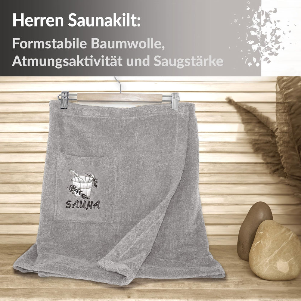 Saunakilt Herren Grau - Stein, Saunatuch mit Klettverschluss XS - M