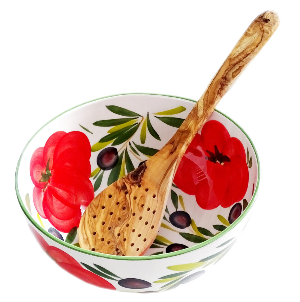 Servierschale rund 26 cm, Italienische Keramik Schüssel Tomate - Olive, Große Salatschale handgefertigt