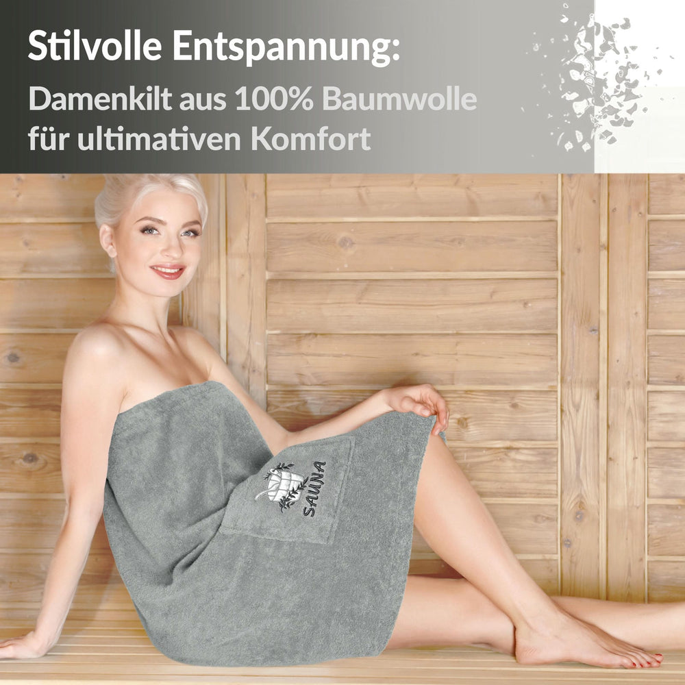 Saunakilt Damen Grau - Stein, Saunatuch mit Klettverschluss XS - M