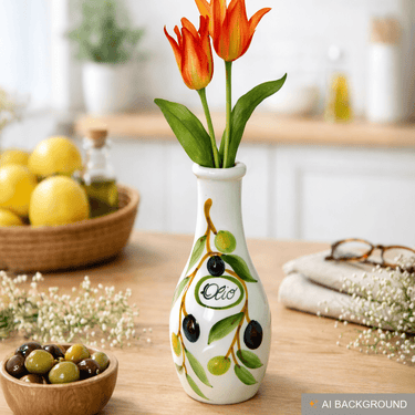 Handgemachte Ölflasche mit Ausgießer 500 ml im Olivendesign aus Italienischer Keramik, Größe 23 cm