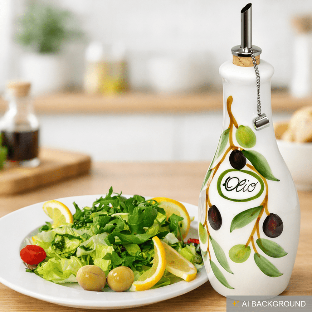 Handgemachte Ölflasche mit Ausgießer 500 ml im Olivendesign aus Italienischer Keramik, Größe 23 cm