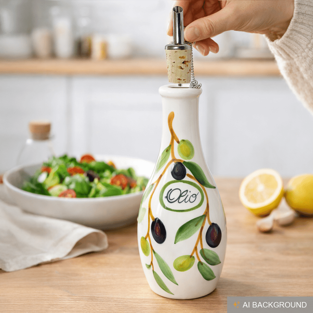Handgemachte Ölflasche mit Ausgießer 500 ml im Olivendesign aus Italienischer Keramik, Größe 23 cm