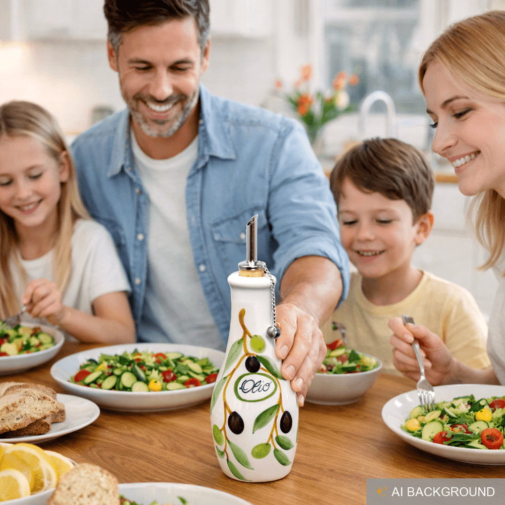 Handgemachte Ölflasche mit Ausgießer 500 ml im Olivendesign aus Italienischer Keramik, Größe 23 cm