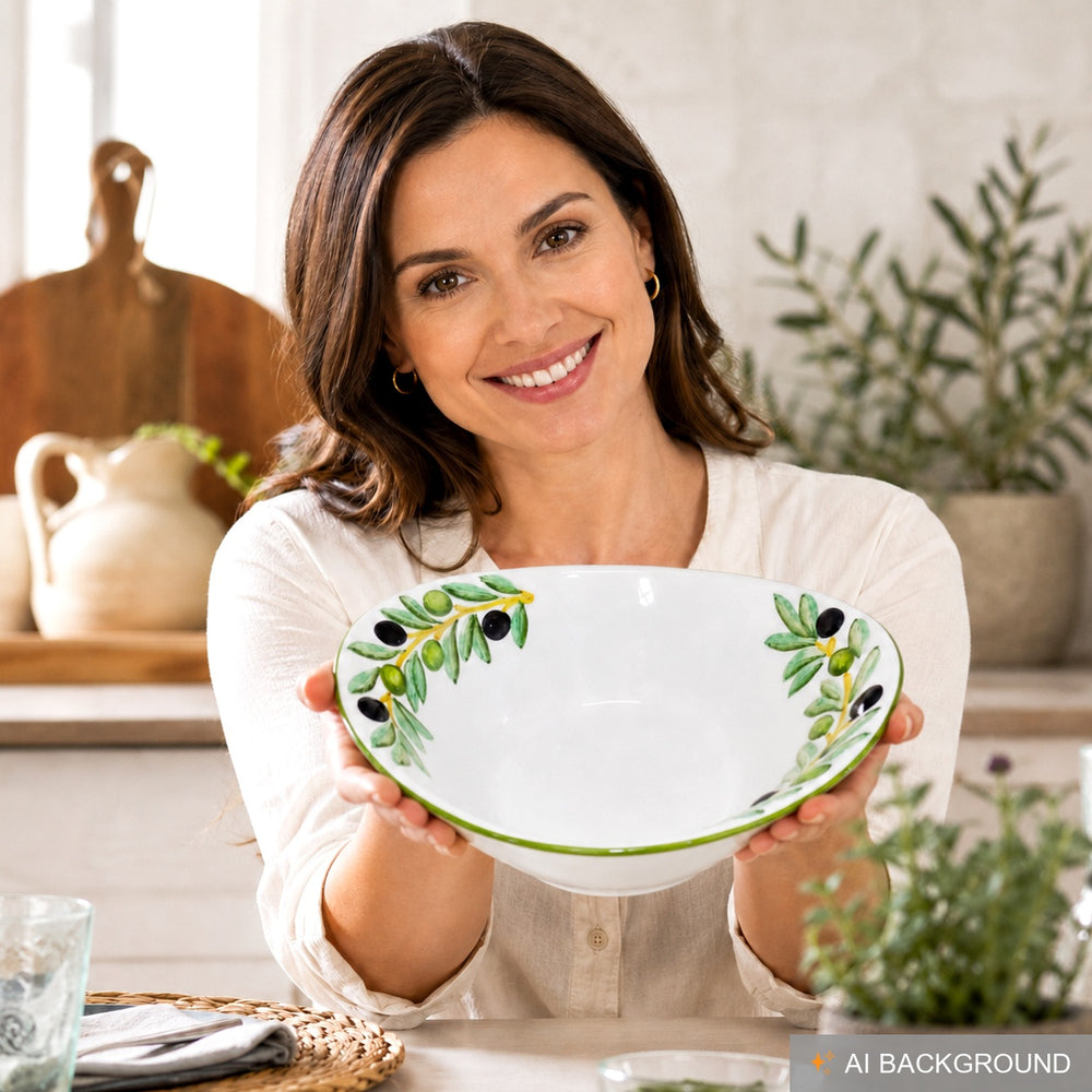 Handgemachte Italienische Keramikschale im Olivendesign, Ovale Salatschüssel Keramik 25x21x8,5 cm