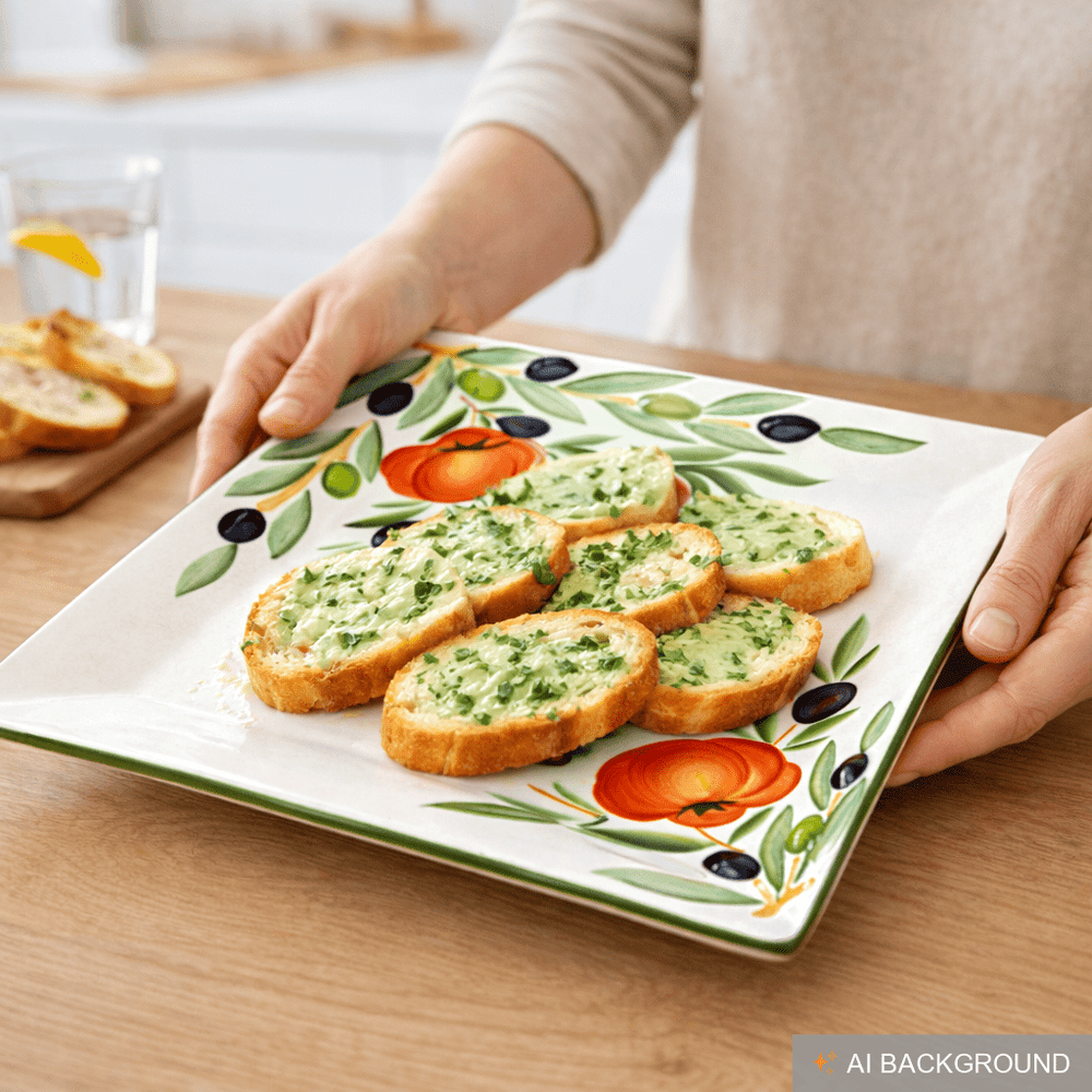Eckige Aufschnittplatte Keramik, Handgemachter Servierteller 27x27 cm, Gourmetplatte Design: Tomate Olive