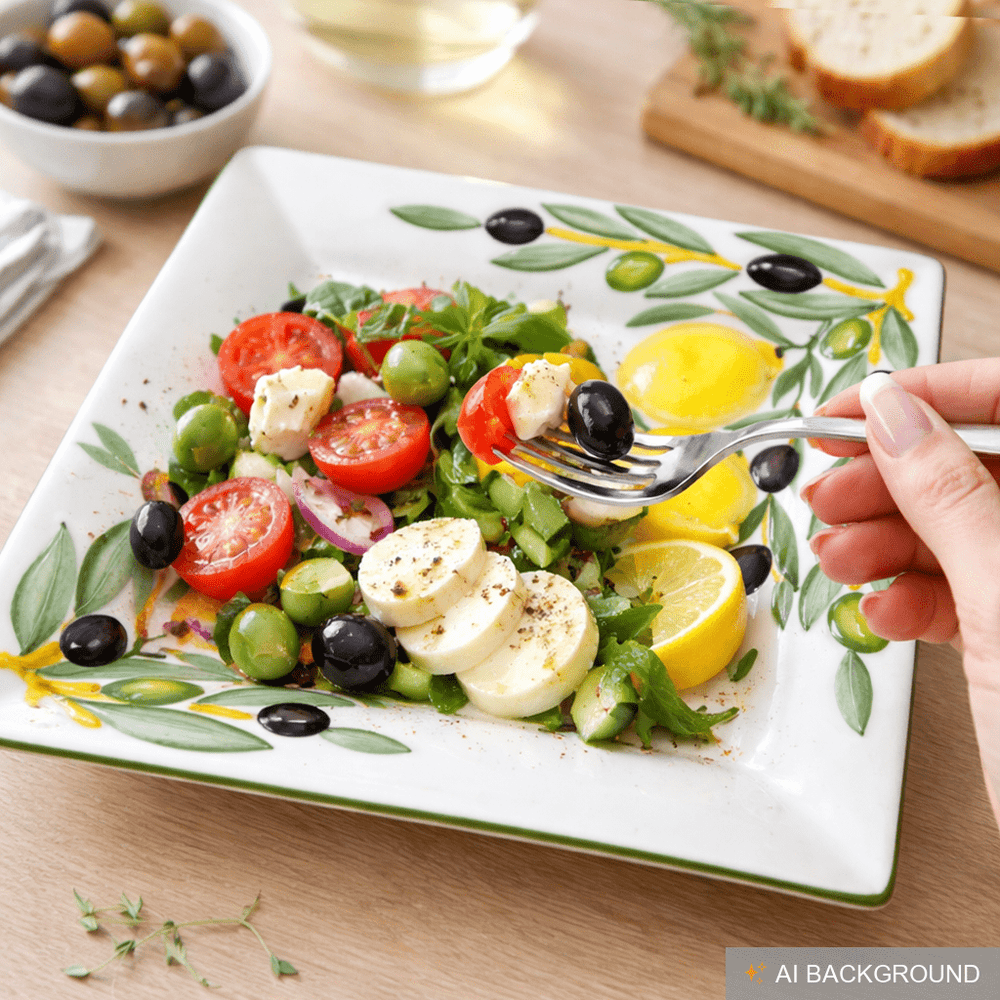 Italienische Servierplatte mit Reliefdekor, Keramikteller Motiv: Zitrone Olive, Quadratische Salatplatte 27x27 cm