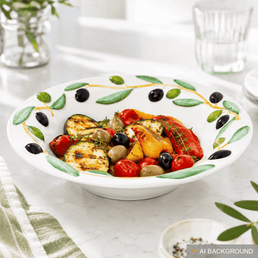 Handgemachte Keramikschale, Runde Servierschüssel Italienischer Keramik im Olivendesign, Servierschale Größe 26 cm, Tief 6 cm