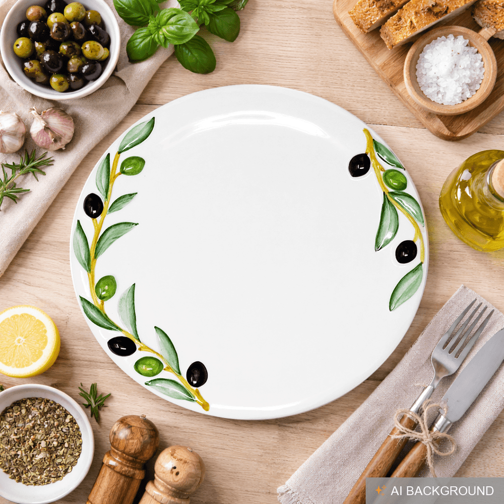 Handgemachter Runder Essteller aus Italienischer Keramik, Großer Servierteller im Olivendesign, Platzteller 27 cm