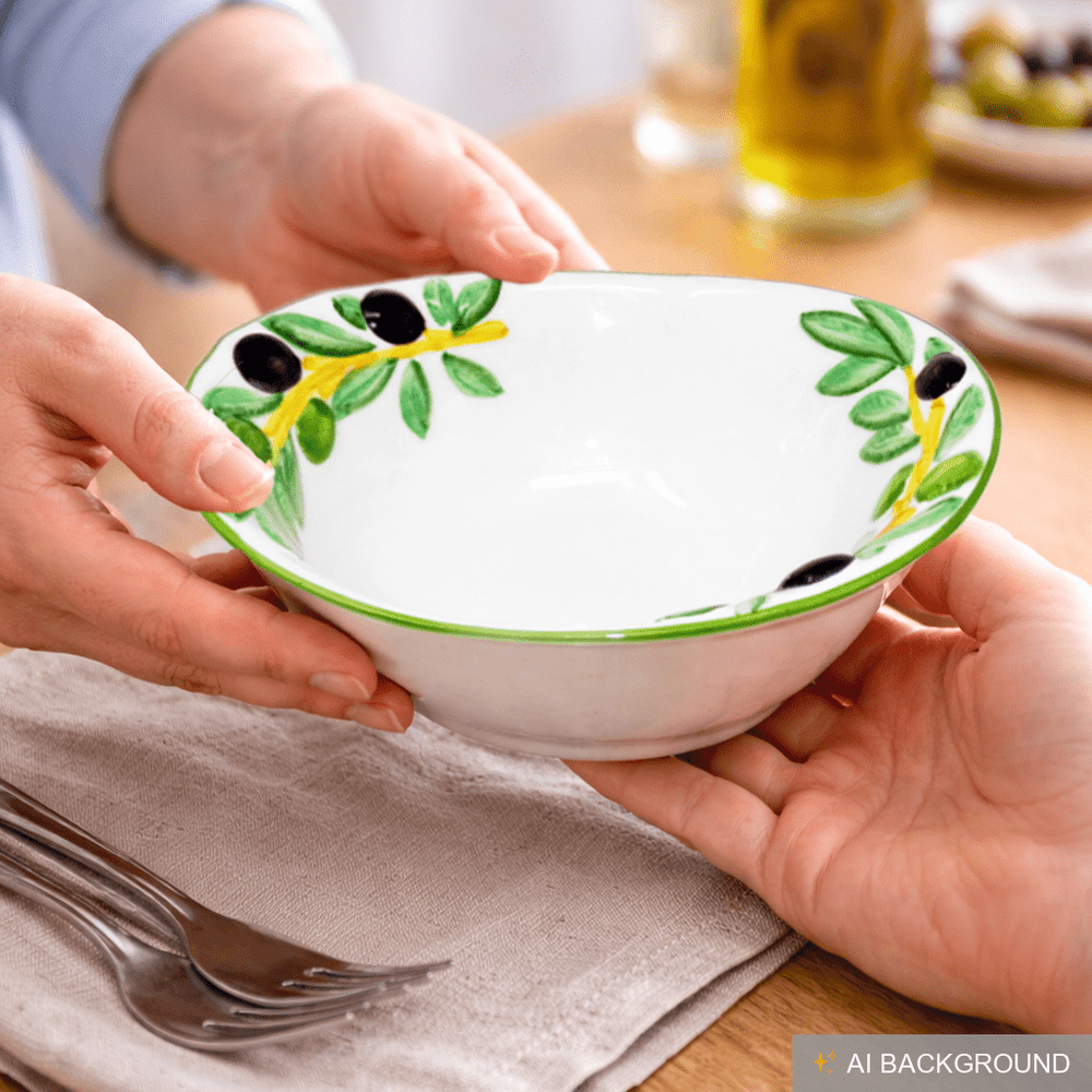 Handgemachte Keramikschale, Ovale Salatschüssel aus Italienischer Keramik im Olivendesign, 20x17 cm