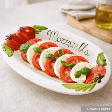 Handgemachte Ovale Servierplatte im Tomate Mozzarella Design aus Italienischer Keramik, Servierteller 31x20 cm, 3 cm tief