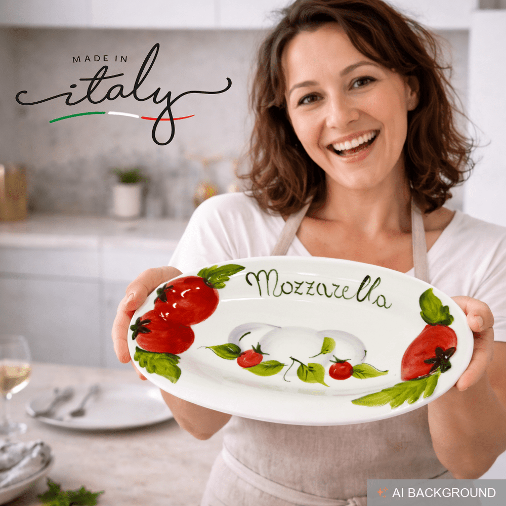 Handgemachte Ovale Servierplatte im Tomate Mozzarella Design aus Italienischer Keramik, Servierteller 31x20 cm, 3 cm tief