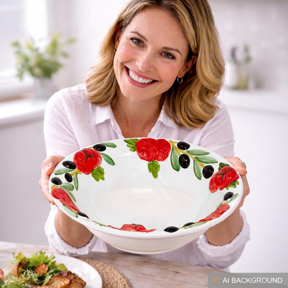 Handbemalte Servierschale Keramik, Relief Salatschüssel Tomate Olive, Italienische Pastaschale rund 27 cm Ø