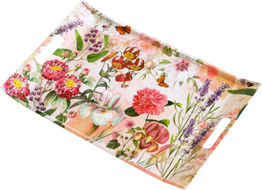 Getränketablett beige rot Druck: Wildblumen, Kaffeetablett mit Griffen, Größe: 54x35 cm