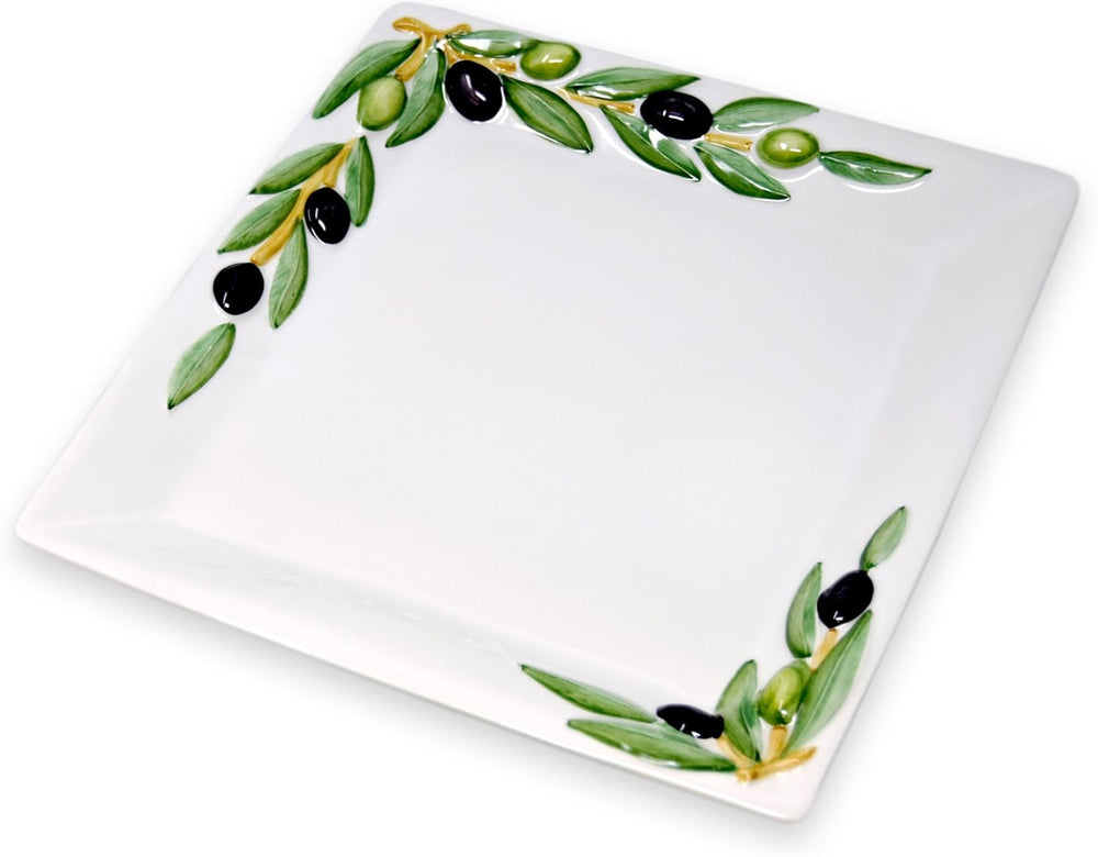 2er Set Handgemachte Keramik, Oliven Servierplatte 27 x 27 cm und Löffelablage aus Italienischer Keramik