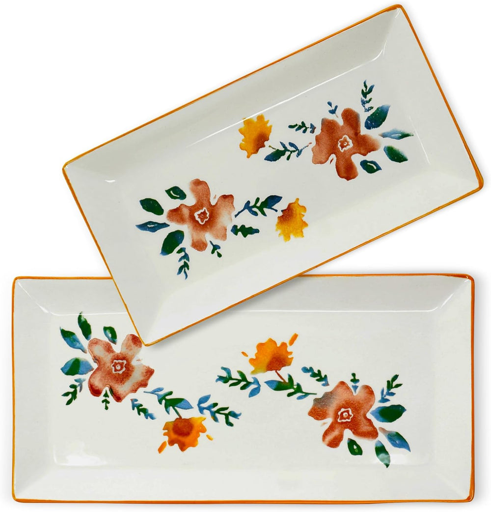 2x Keramikteller eckig, Servierplatte bunt Blütenfest 28x15 cm, Salatteller tief 38x18 cm