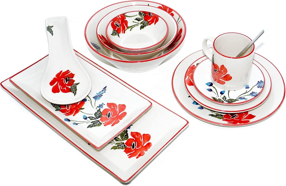 2x Servierteller 28x15 cm - 38x18 cm, Fischplatten Keramik, Vorspeisenteller bunt Mohnblume