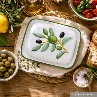 Handgemachte Butterdose aus Italienischer Keramik im Olivendesign, Butterschale Größe 18 x 14 cm