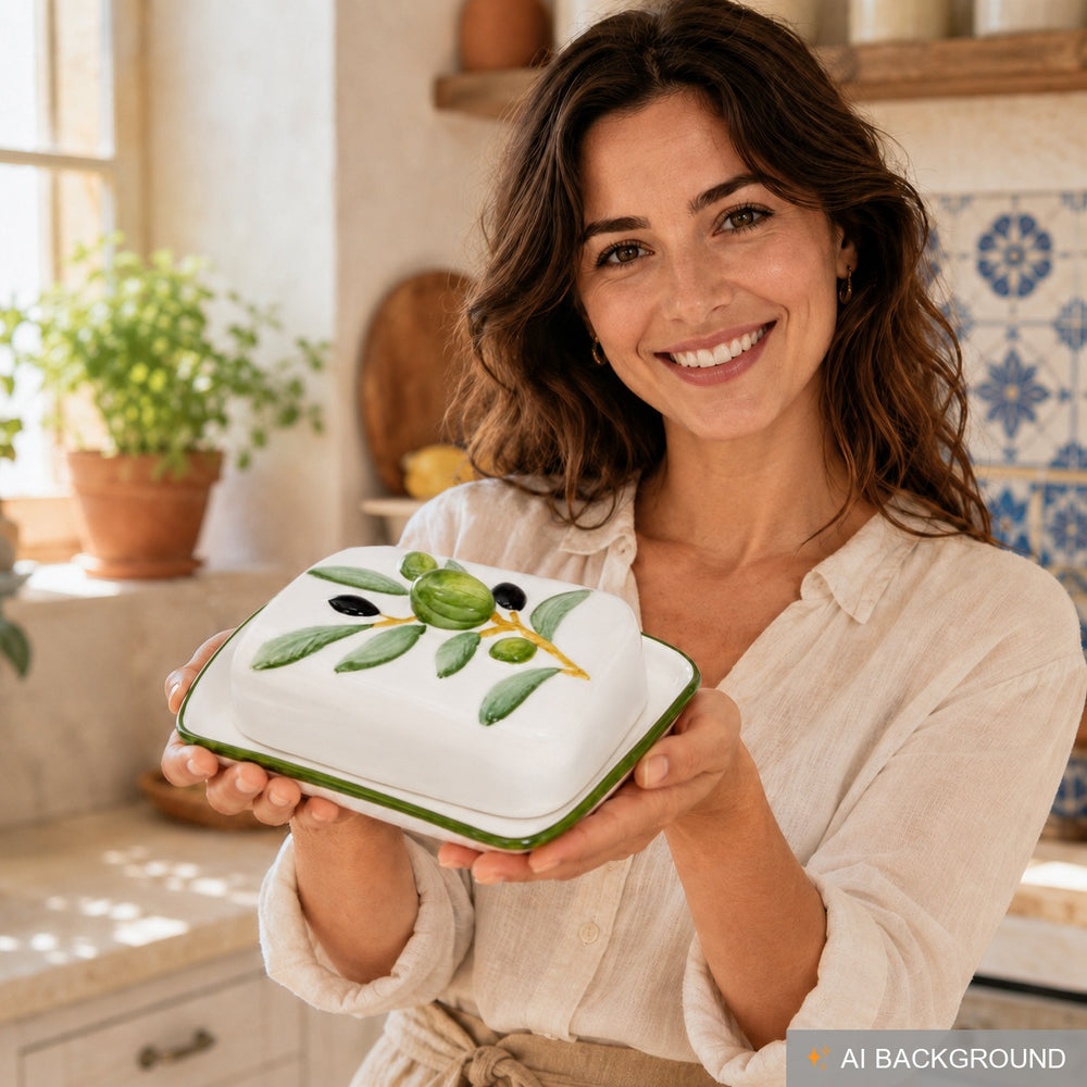 Handgemachte Butterdose aus Italienischer Keramik im Olivendesign, Butterschale Größe 18 x 14 cm