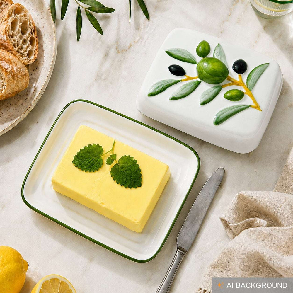 Handgemachte Butterdose aus Italienischer Keramik im Olivendesign, Butterschale Größe 18 x 14 cm