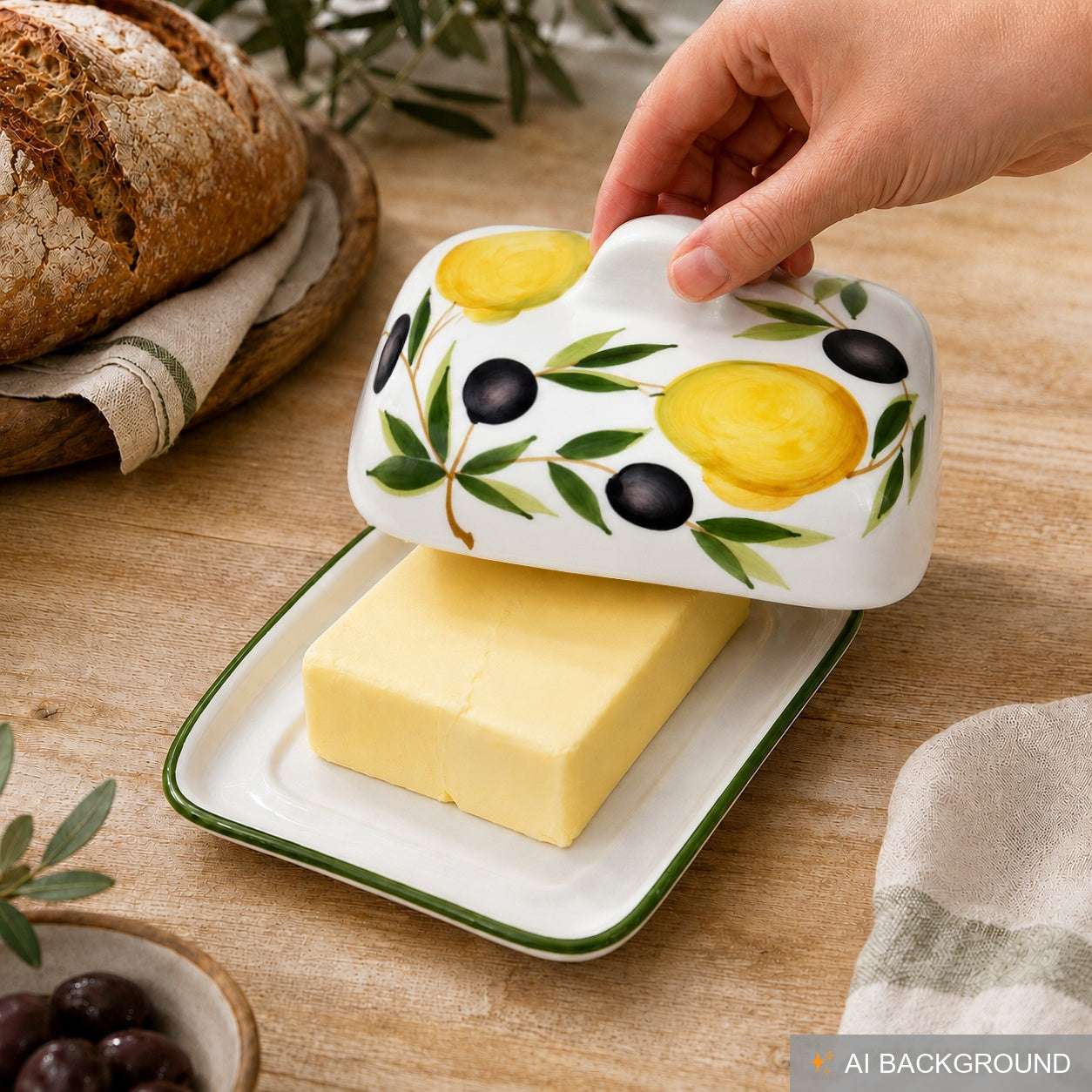 Handgemachte Butterdose aus Italienischer Keramik bemalt Zitronen
