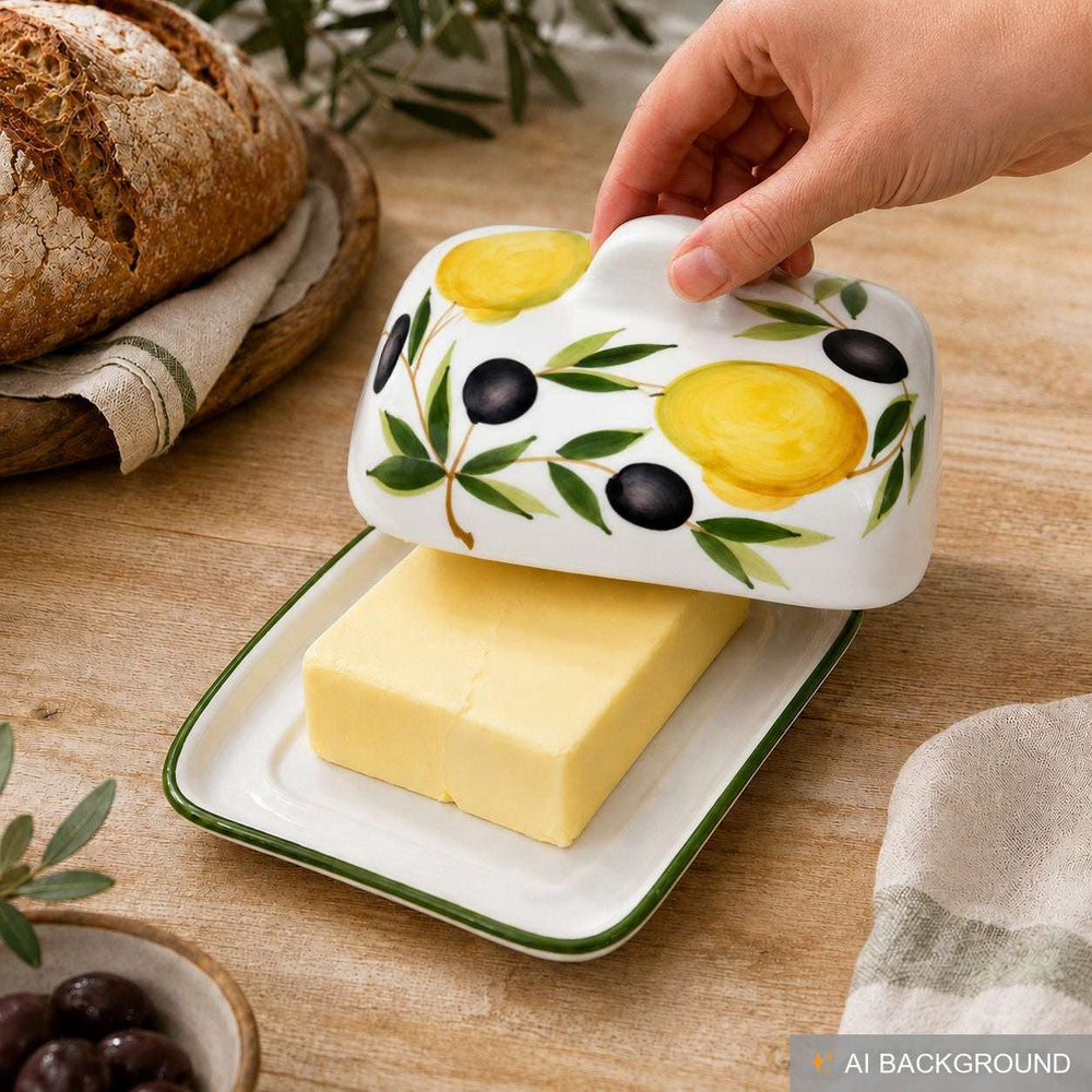 Handgemachte Butterdose aus Italienischer Keramik bemalt Zitronen - Olive  Größe 18x14 cm