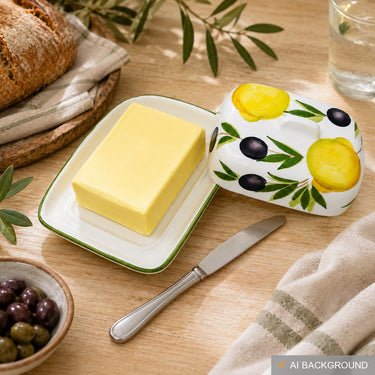 Handgemachte Butterdose aus Italienischer Keramik bemalt Zitronen - Olive  Größe 18x14 cm
