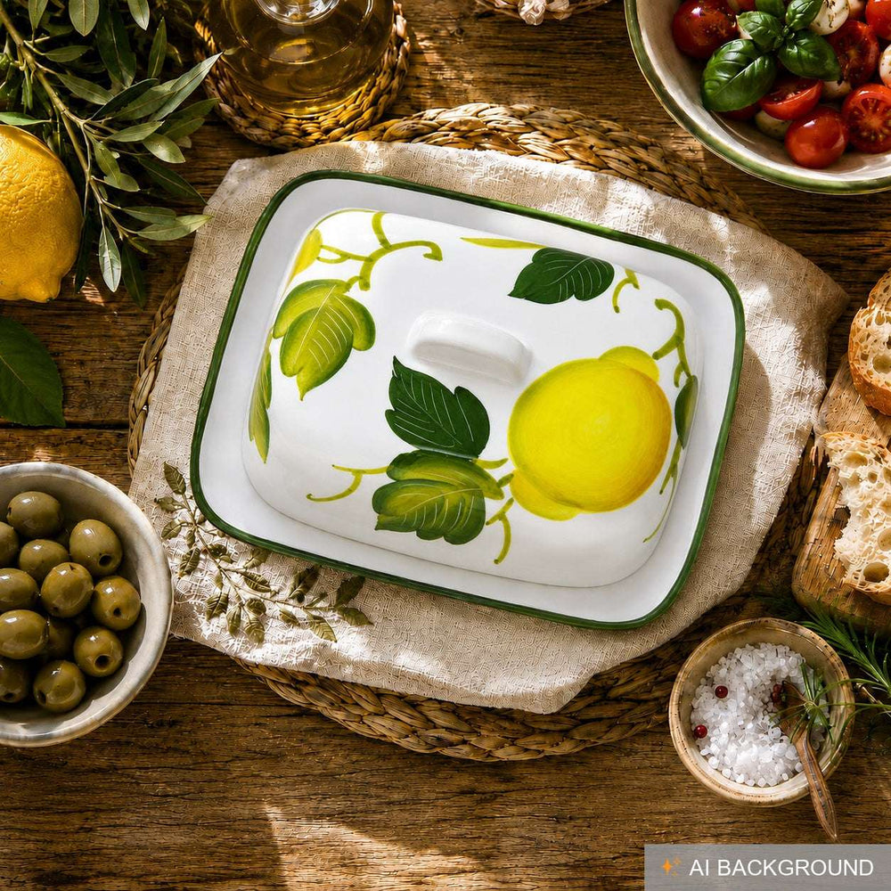 Handgemachte Butterdose aus Italienischer Keramik im Zitronendesign, Butterschale Größe 18x14 cm