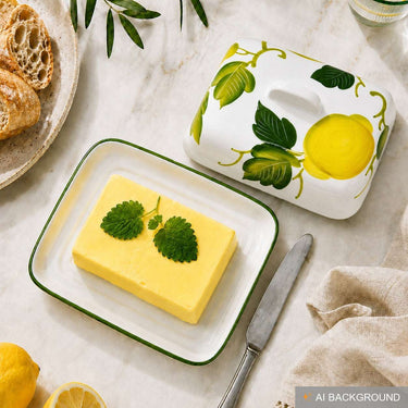 Handgemachte Butterdose aus Italienischer Keramik im Zitronendesign, Butterschale Größe 18x14 cm