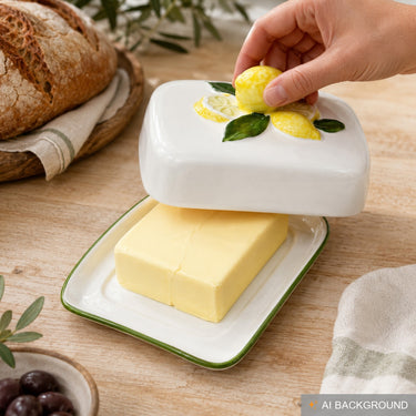 Handgemachte Butterdose aus Italienischer Keramik Relief Zitronen Größe 18x14 cm