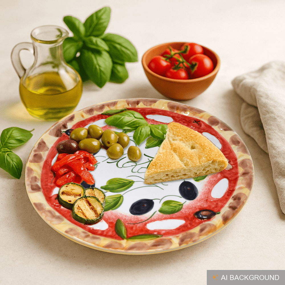 Handgemachter Pizzateller Olive aus Italienischer Keramik, Großer Teller Rund 33 cm