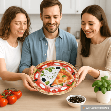 Handgemachter Pizzateller Olive aus Italienischer Keramik, Großer Teller Rund 33 cm