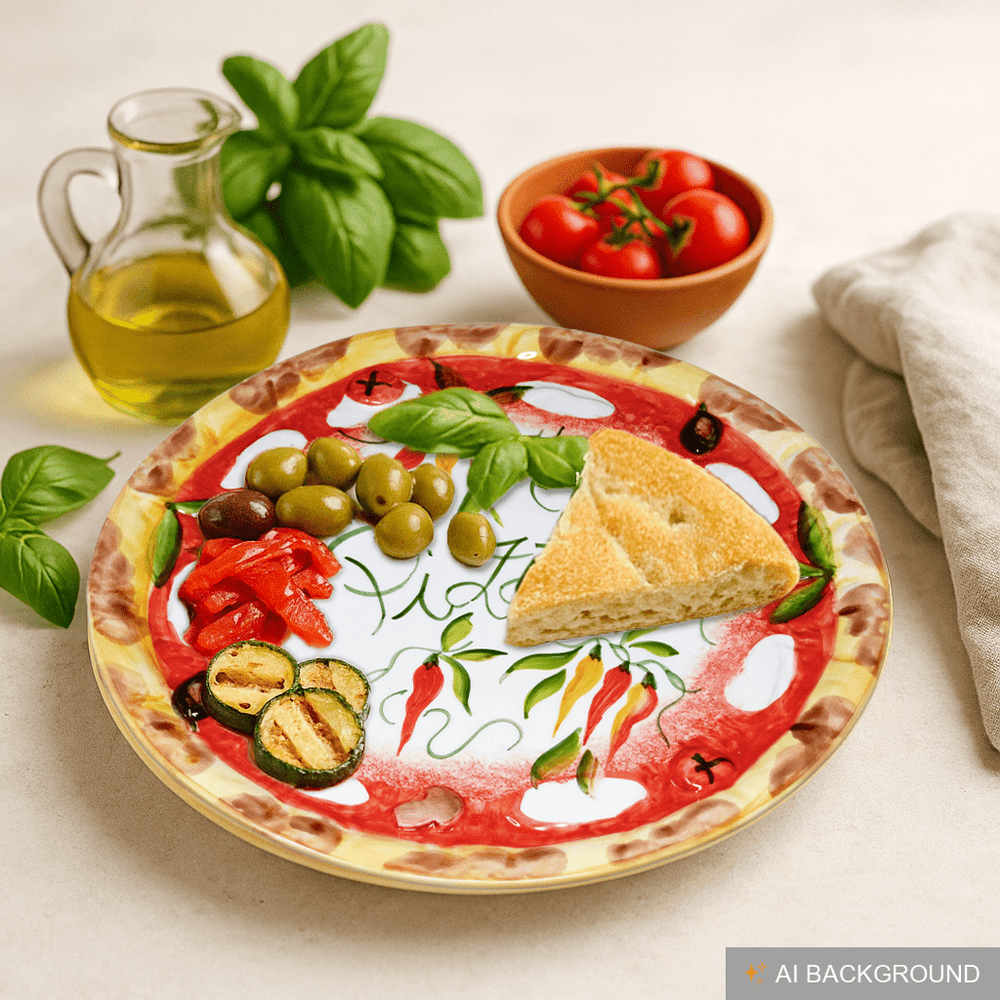 Handgemachter Pizzateller Paprika aus Italienischer Keramik, Großer Teller Rund 33 cm