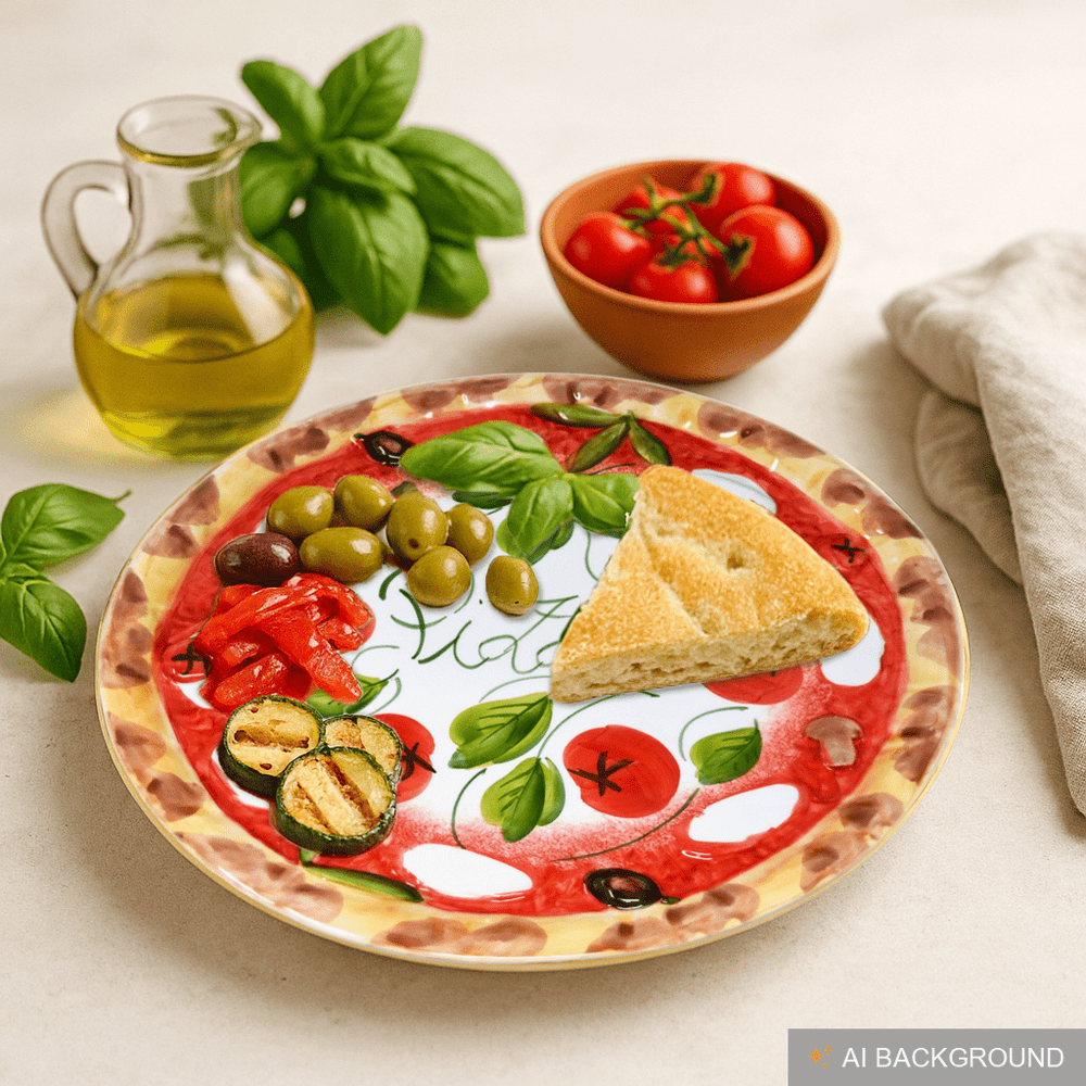 Handgemachter Pizzateller Tomate Mozzarella aus Italienischer Keramik, Großer Teller Rund 33 cm