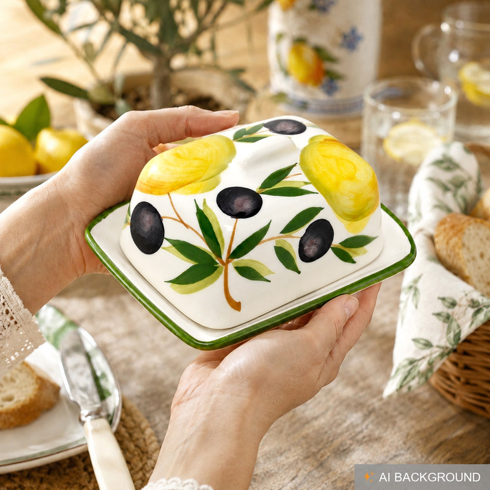 Handgemachte Butterdose aus Italienischer Keramik bemalt Zitronen - Olive  Größe 12x9 cm
