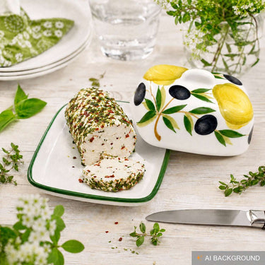 Handgemachte Butterdose aus Italienischer Keramik bemalt Zitronen - Olive  Größe 12x9 cm
